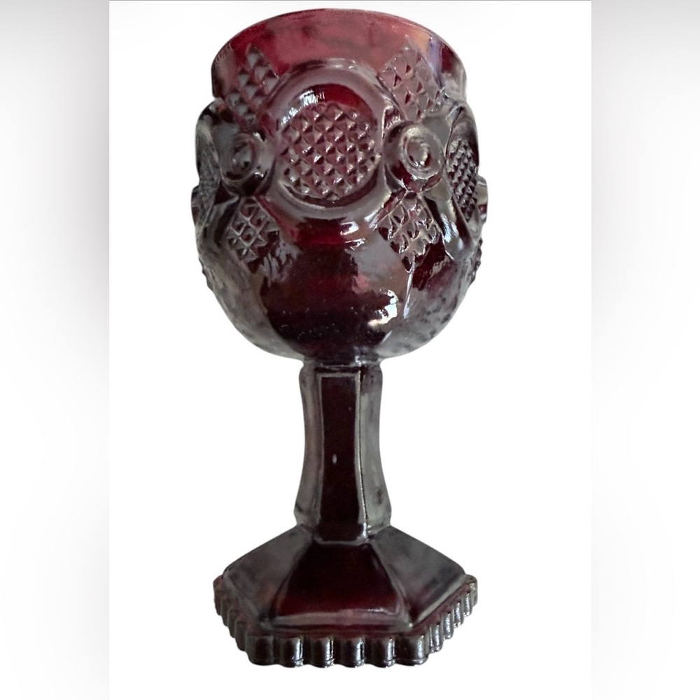 Vintage Avon Cape Cod Rosette (3) ruby red glass goblets and (1) ruby red bell - Picture 2 of 4